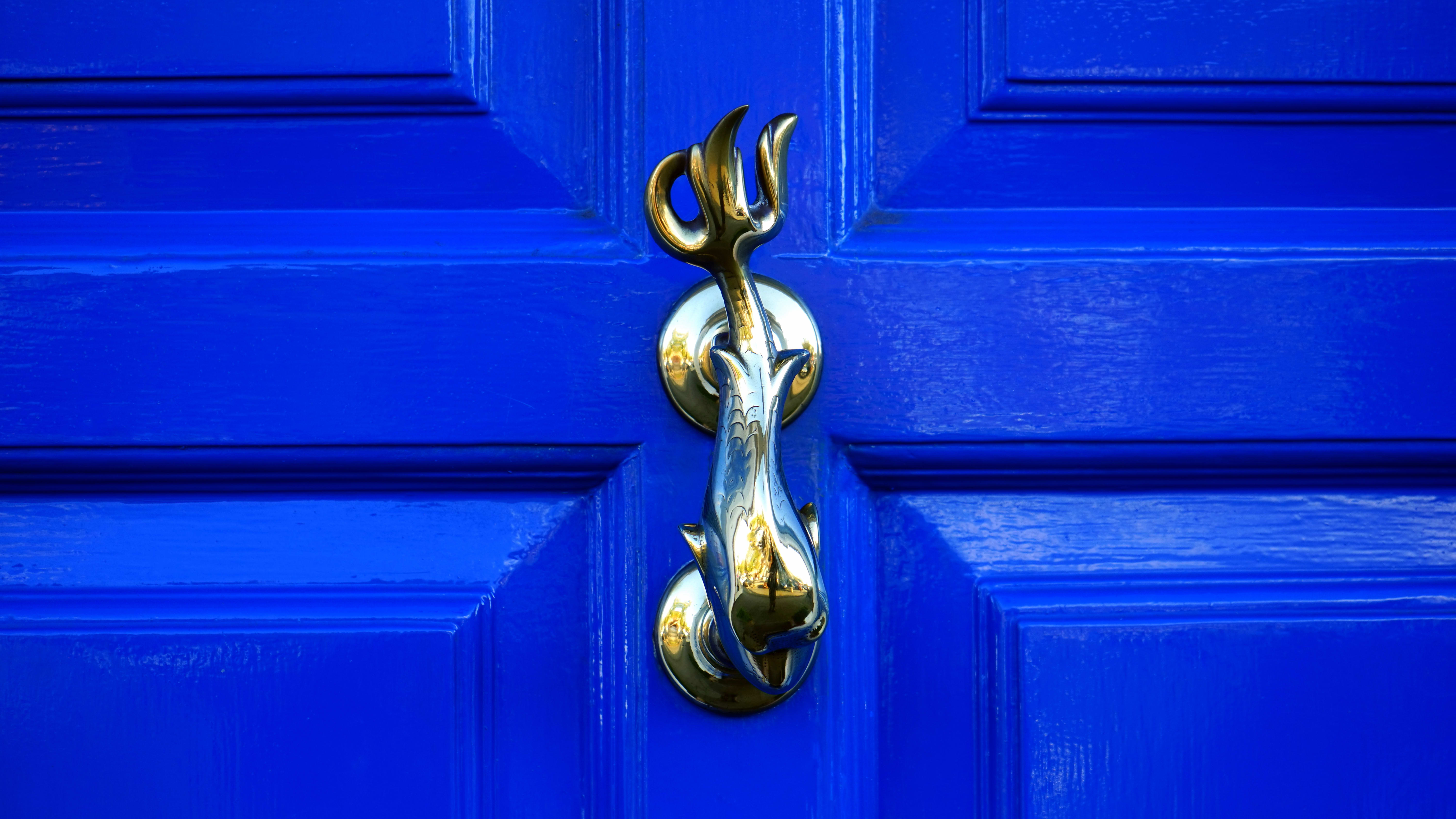 blue door with brass door knocker